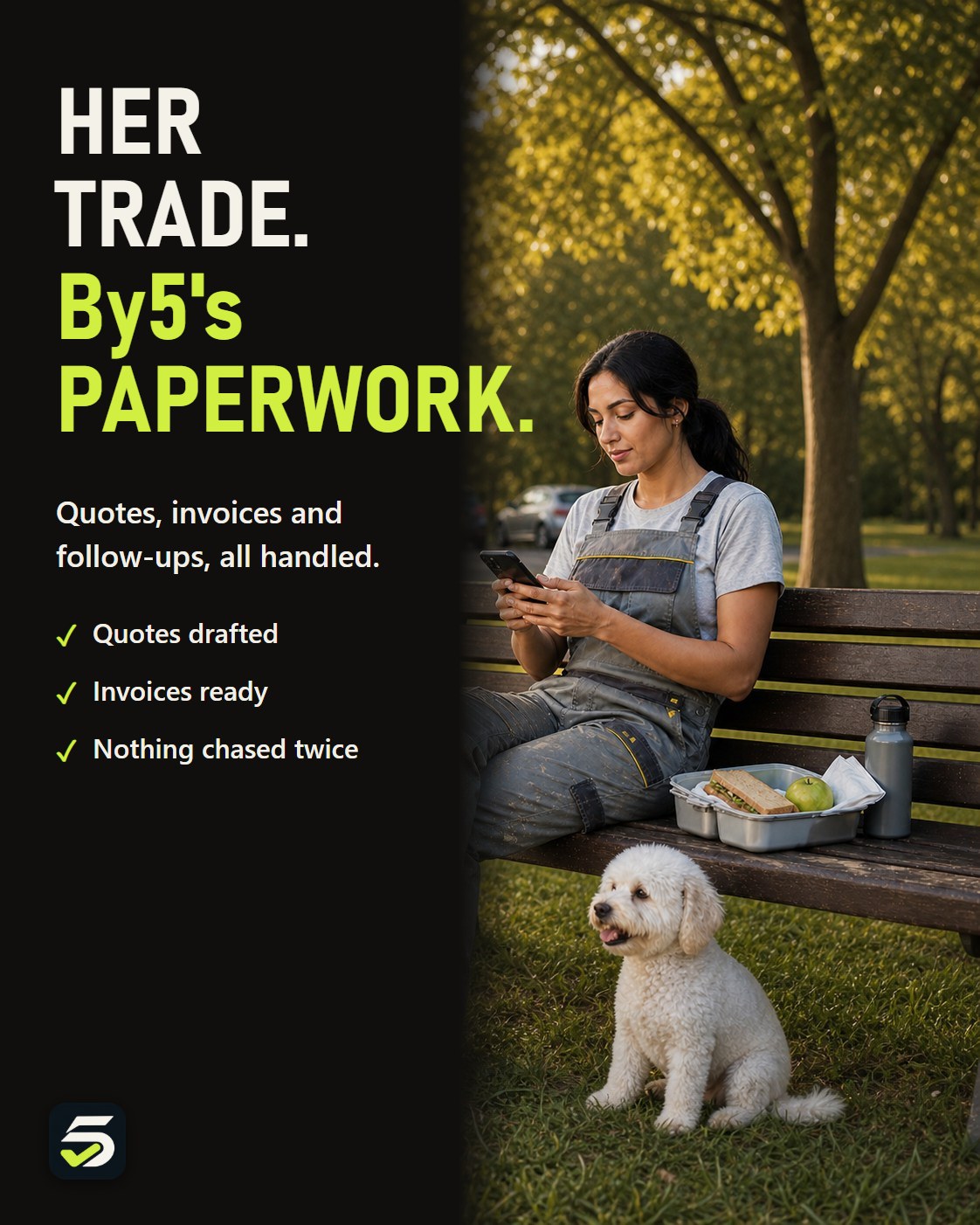 Kitchen fitter taking a break with her dog while By5 handles the paperwork